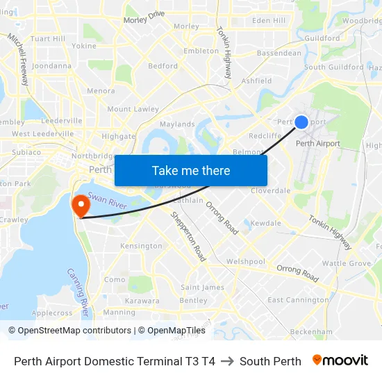 Perth Airport Domestic Terminal T3 T4 to South Perth map