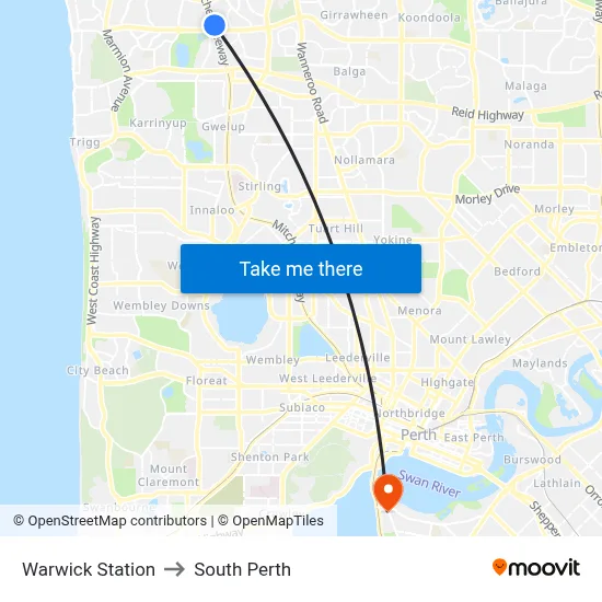 Warwick Station to South Perth map