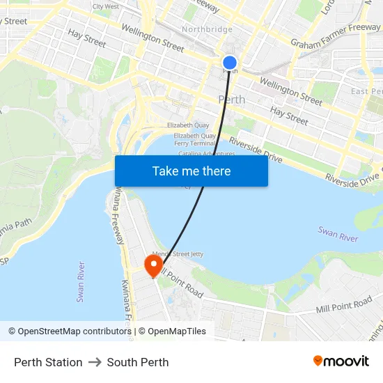 Perth Station to South Perth map