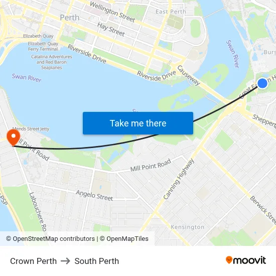 Crown Perth to South Perth map