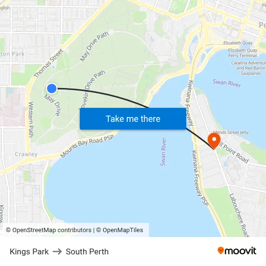 Kings Park to South Perth map