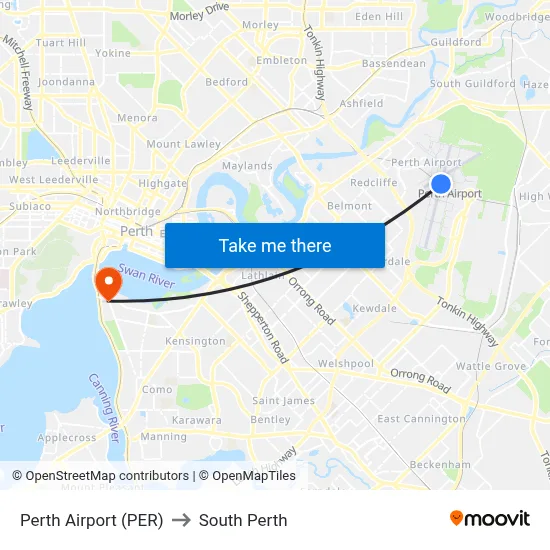 Perth Airport (PER) to South Perth map
