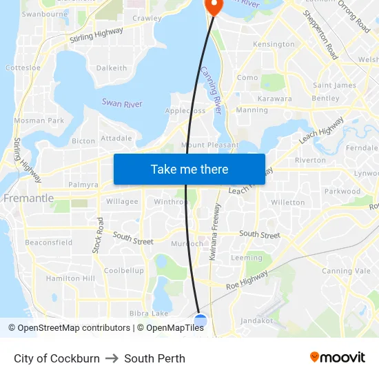 City of Cockburn to South Perth map
