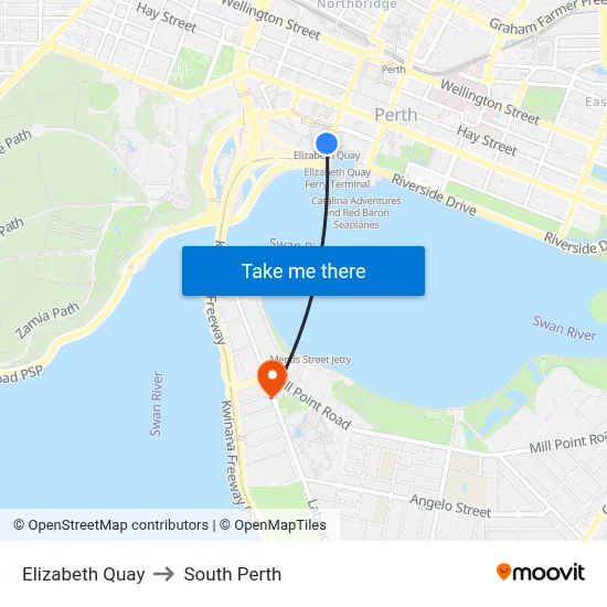 Elizabeth Quay to South Perth map
