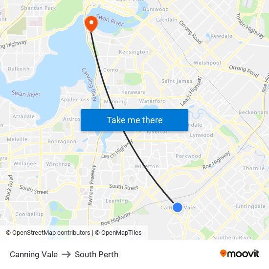 Canning Vale to South Perth map