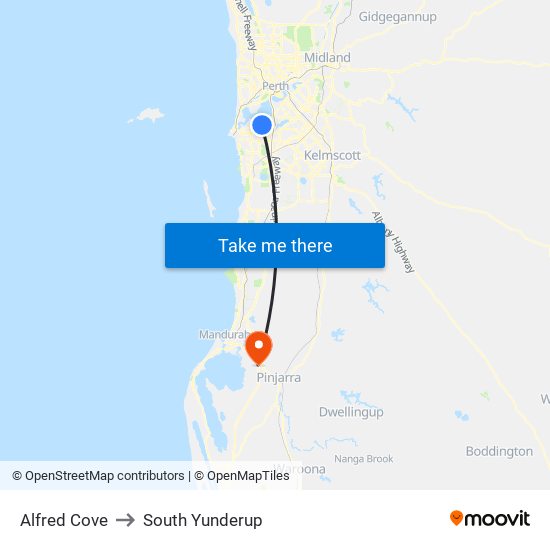 Alfred Cove to South Yunderup map