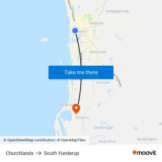 Churchlands to South Yunderup map