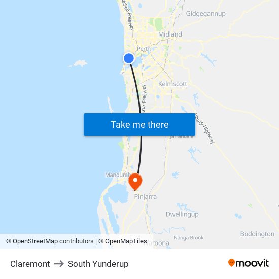 Claremont to South Yunderup map