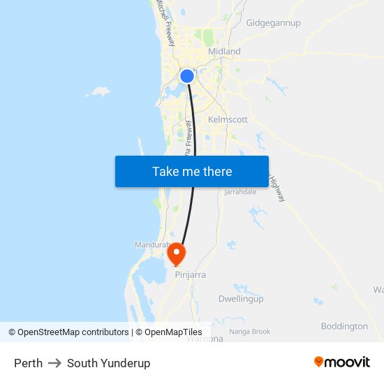 Perth to South Yunderup map