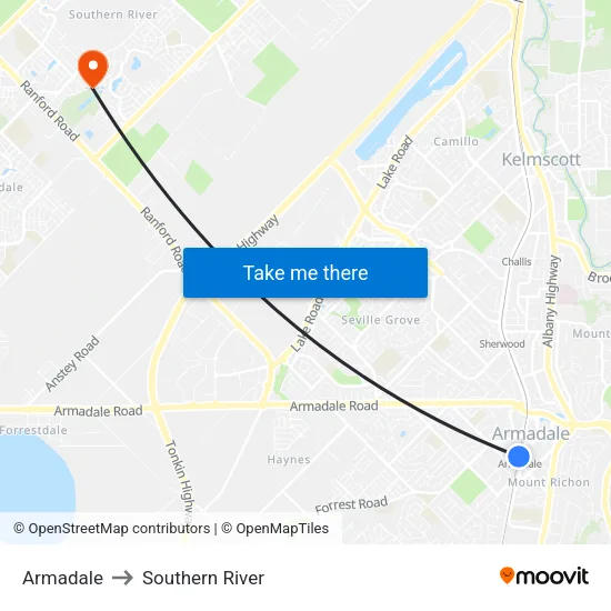 Armadale to Southern River map