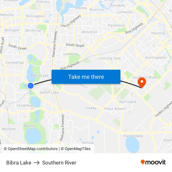 Bibra Lake to Southern River map