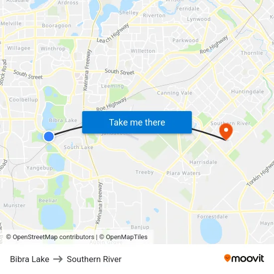 Bibra Lake to Southern River map