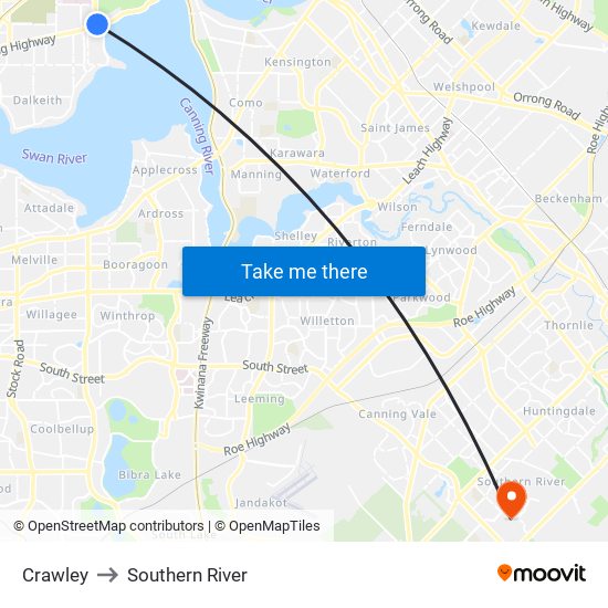 Crawley to Southern River map