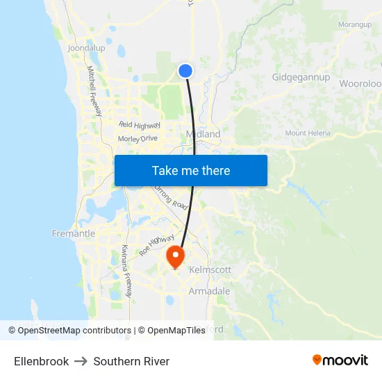 Ellenbrook to Southern River map