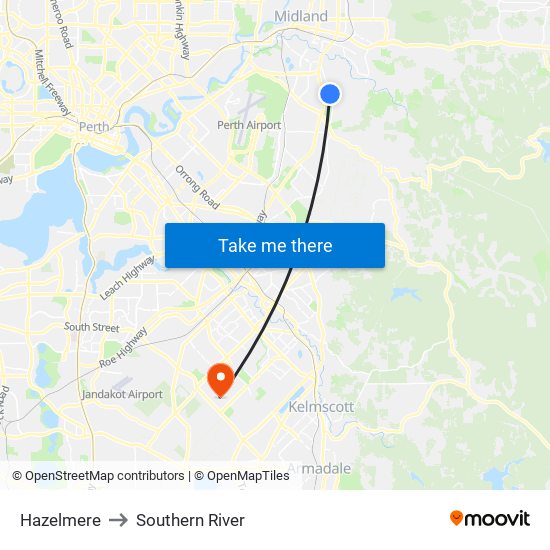 Hazelmere to Southern River map