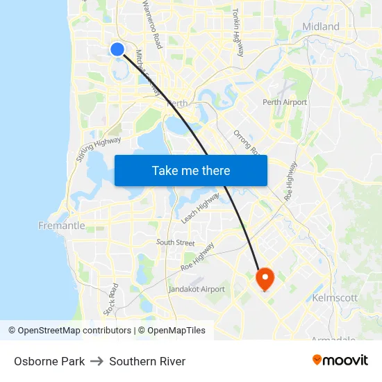 Osborne Park to Southern River map