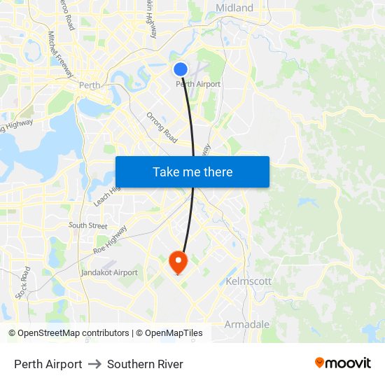 Perth Airport to Southern River map