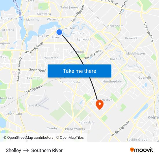 Shelley to Southern River map