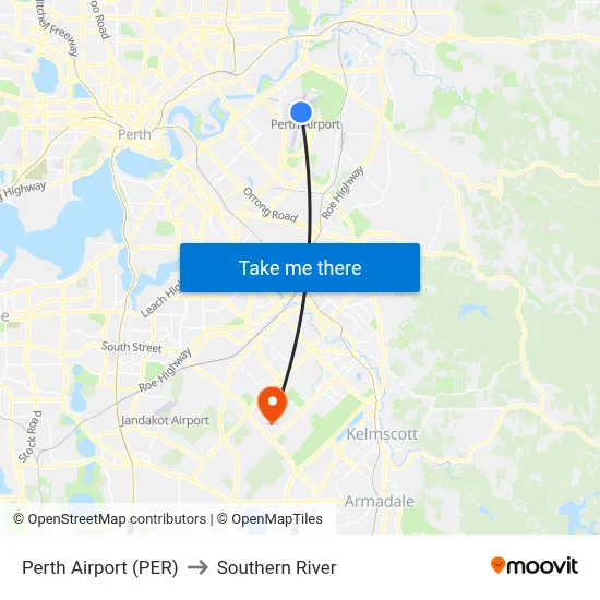 Perth Airport (PER) to Southern River map