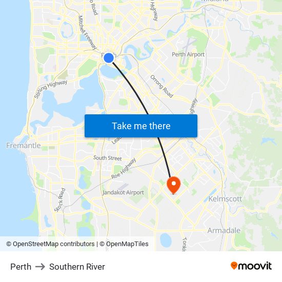 Perth to Southern River map