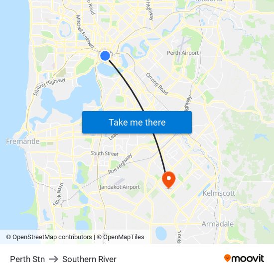 Perth Stn to Southern River map