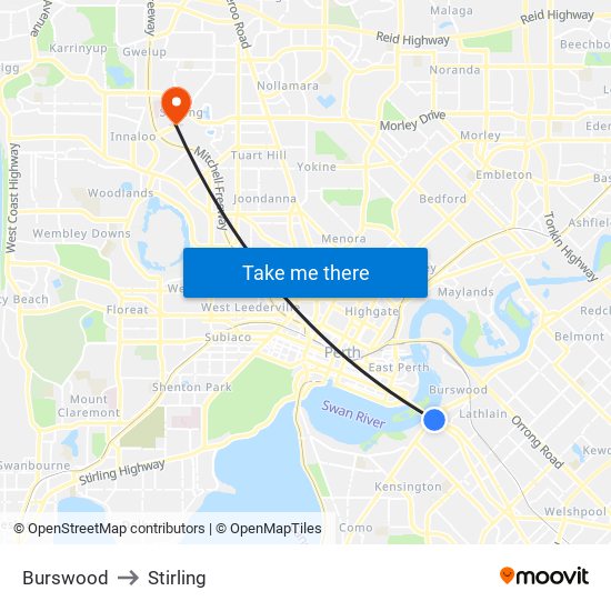Burswood to Stirling map