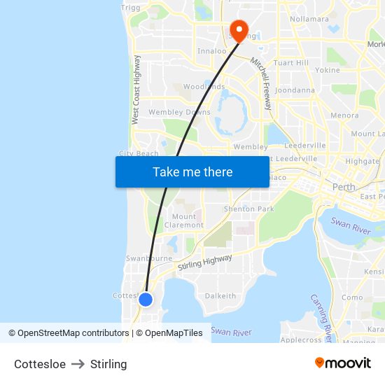 Cottesloe to Stirling map