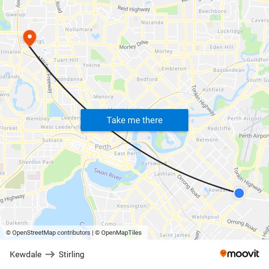 Kewdale to Stirling map