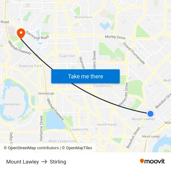 Mount Lawley to Stirling map