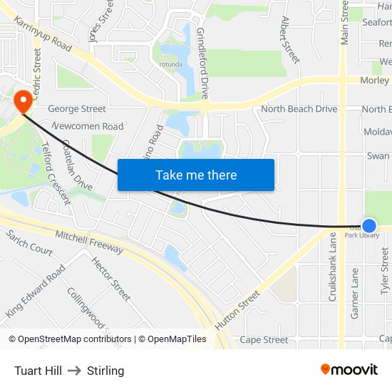 Tuart Hill to Stirling map