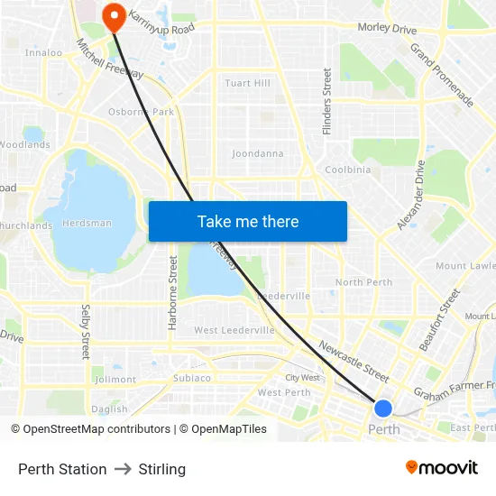 Perth Station to Stirling map