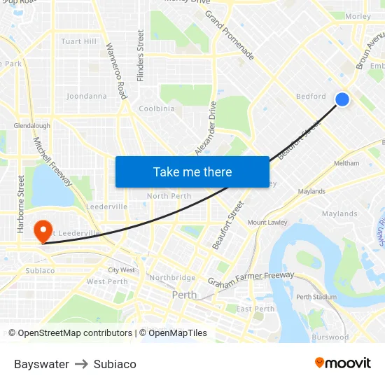 Bayswater to Subiaco map
