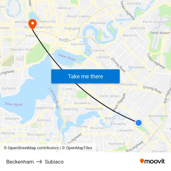 Beckenham to Subiaco map