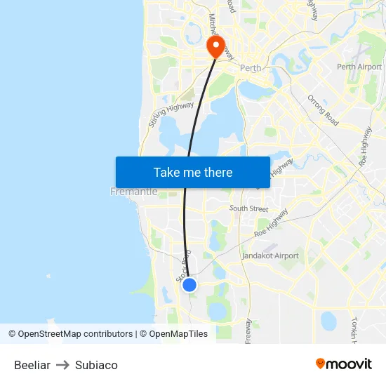 Beeliar to Subiaco map