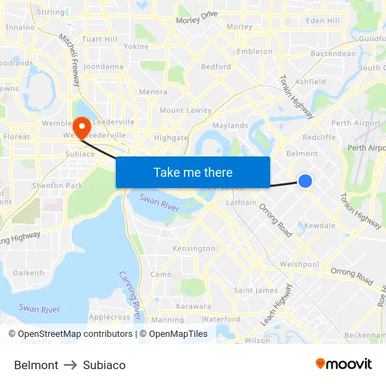 Belmont to Subiaco map