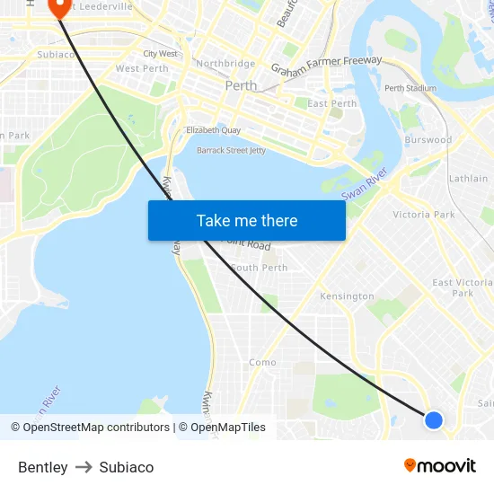 Bentley to Subiaco map