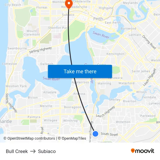Bull Creek to Subiaco map