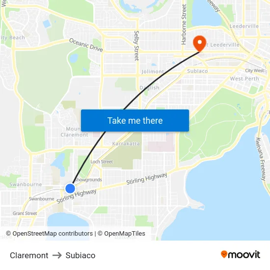 Claremont to Subiaco map