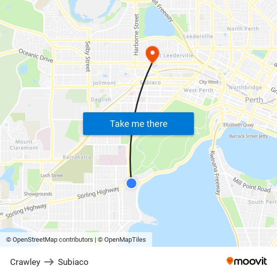 Crawley to Subiaco map