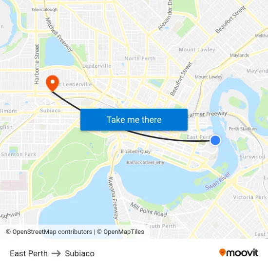 East Perth to Subiaco map
