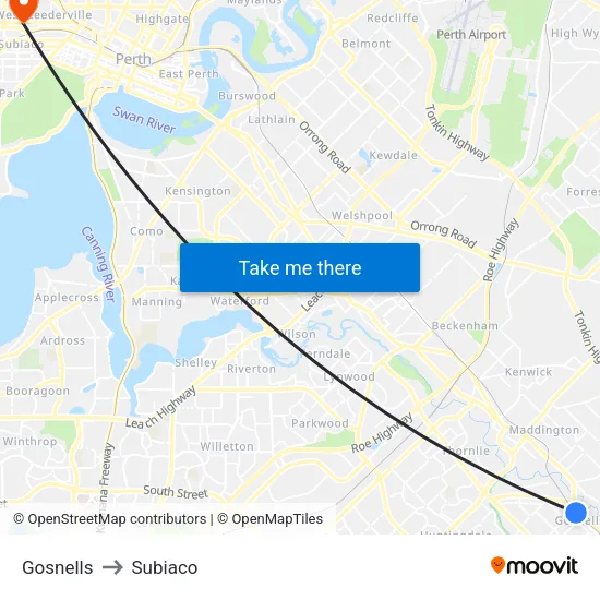 Gosnells to Subiaco map