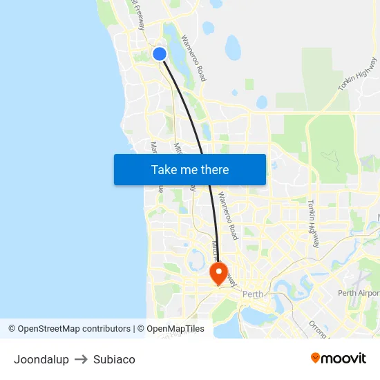 Joondalup to Subiaco map
