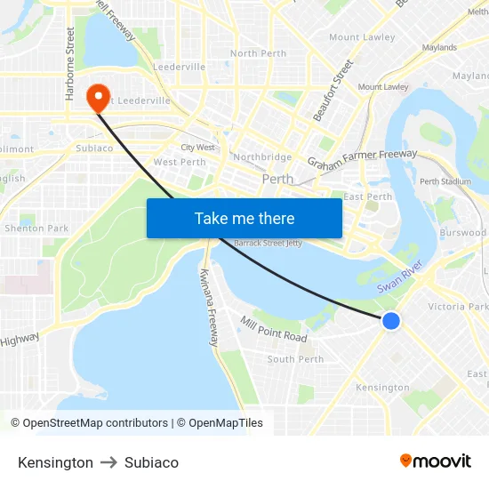 Kensington to Subiaco map