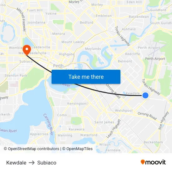 Kewdale to Subiaco map