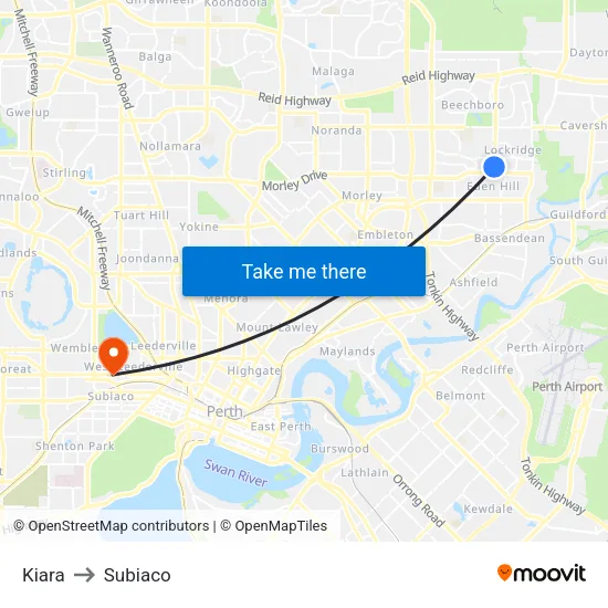 Kiara to Subiaco map