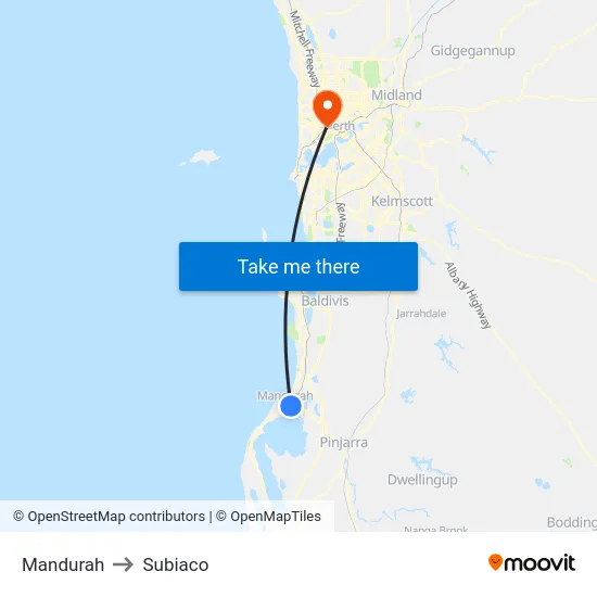 Mandurah to Subiaco map