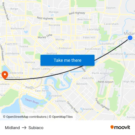 Midland to Subiaco map
