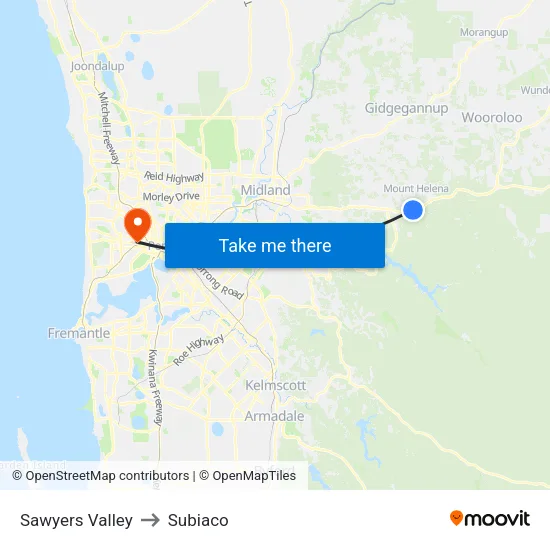 Sawyers Valley to Subiaco map