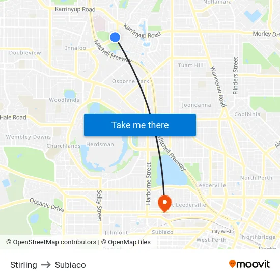 Stirling to Subiaco map