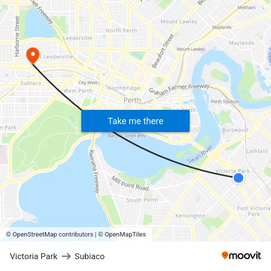 Victoria Park to Subiaco map